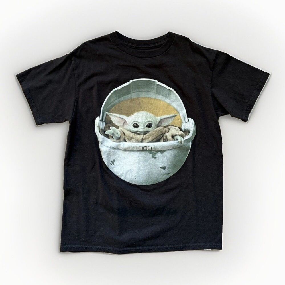 Star Wars Mandalorian Baby Yoda Grogu Pod Graphic T-Shirt Black Tee Medium 10-12